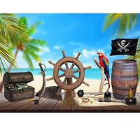 BELECO 2.1x1.5m Telón de Fondo Pirata de Tela para fotografía Barco Pirata de Playa Timón de Madera Mapa del Tesoro Caja de joyería Fondo de Loro de Barril Accesorios de decoración de Fiesta Pirata