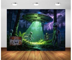 BELECO 2.5x2.5m Fondo de Tela OVNI Alienígena Halloween Sci Fi | Nave Rayo Verde Bosque Alienígena Fondo Ciencia Ficción Halloween Decoración de Fiesta Banner Fotomatón
