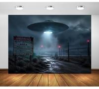 BELECO 3.6x2.5m Fondo de Tela OVNI Área Militar Restringida | Platillo Volante Señal Advertencia Fondo Base Secreta Sci Fi Decoración de Fiesta Banner Fotomatón