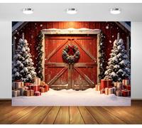 BELECO 3x2.5m Fondo de Tela Granero Rojo Navidad Nieve Invierno | Fondo de Tela Copos Árboles Navidad Regalos Puerta Granero Roja Corona Lazo Rojo Decoración de Fiesta Invierno Foto