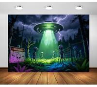 BELECO 3x2.5m Fondo de Tela OVNI Alienígena Halloween Sci Fi | Platillo Volante Zona Restringida Bosque Tormentoso Fondo Espacio Halloween Decoración de Fiesta Banner Foto
