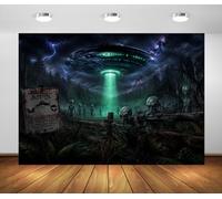 BELECO 3x2.5m Fondo de Tela OVNI Invasión Alienígena Nave | Platillo Volante Alienígena Zona Advertencia Bosque Oscuro Fondo Sci Fi Halloween Decoración Fiesta Fotomatón