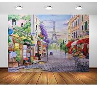 BELECO 3x2.5m Tela Acuarela Pintura de París Vista de la Ciudad Fondo Torre Eiffel Fondo Calle Café Tienda Restaurante Pasarelas Pavimentadas Fondo París Fiesta Decoraciones