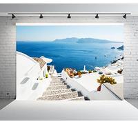 BELECO 3x2m Tela Grecia Isla Santorini Telón de Fondo Casas Blancas Arquitectura Escaleras Mar Egeo Crucero Montañas Paisaje Fondo Cumpleaños Boda Fotografía Grecia Fiesta Foto Accesorios