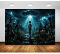 BELECO 4.6x2.5m Fondo de Tela OVNI Alienígena Halloween Sci Fi | Nave OVNI Bosque Alienígena Relámpagos Fondo Ciencia Ficción Halloween Decoración de Fiesta Banner Fotomatón