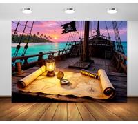 BELECO 6x3m Fondo de Tela Barco Pirata Atardecer Océano Isla | Barco con Bandera Calavera Galeón Madera Mapa Tesoro Brújula Fondos Aventura Náutica Decoración Fiesta Foto