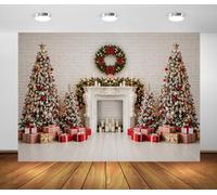 BELECO 6x3m Fondo de Tela Chimenea Navidad Decoración Festiva | Fondo de Tela Pared Ladrillo Blanco Chimenea Corona Árboles Navidad Regalos Decoración de Fiesta Banner Fotomatón