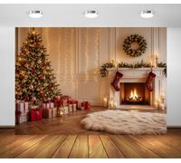 BELECO 6x3m Fondo de Tela Chimenea Navidad Interior Festivo | Fondo de Tela Árbol Navidad Chimenea Encendida Pared Blanca Sala Acogedora Decoración de Fiesta Foto Familiar