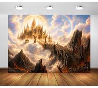 BELECO 6x3m Fondo de Tela Cielo Infierno Ángel Diablo | Catedral Dorada Escultura de Ángel Nube Arcoíris Acantilado Volcánico Fondo Fiesta Temática Pancarta Accesorios de Fotografía
