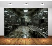 BELECO 6x3m Fondo de Tela Morgue Embrujada Hospital Terror | Morgue Abandonada Casilleros Mesas Autopsia Fondo Halloween Hospital Decoración de Fiesta Banner Foto
