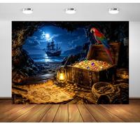 BELECO 6x3m Fondo de Tela Pirata Cueva Tesoro Mapa Antiguo y Oro | Cofre Joyas Mapa Antiguo Loro Barco Pirata Fondos Halloween Cumpleaños Náutico Decoración Fiesta Foto