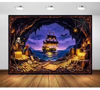 BELECO 6x3m Fondo de Tela Piratas Cueva del Tesoro Monedas Oro | Barco Pirata Loro Cofre Tesoro Cueva Fondo Aventura Náutica Halloween Decoración Fiesta Banner Fotomatón