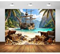 BELECO 6x3m Fondo de Tela Tema Pirata Playa Tesoro Barco Tropical | Cala Tropical Barco Pirata Cofres Tesoro Fondo Aventura Náutica Halloween Decoración Fiesta Banner Fotomatón