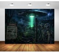 BELECO 6x3m Fondo de Tela Zona Alienígena Platillo Volante | Alienígenas Zona Restringida Señal Advertencia Fondo Espacio Decoración de Fiesta Halloween Banner Estudio Foto