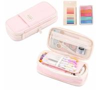 Beler Estuche para lápices de gran capacidad con dos blocs de notas adhesivas, estuche para niñas y adolescentes, estuche resistente para la escuela y la oficina, Rosa., Estuche para