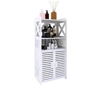 Belfoyer Mueble Auxiliar Bano Estrecho 40 cm 2 Puerta Rayas horizontales+2 Estantes Abiertos Organizador Alto 3 Niveles para Huecos Salon Cocina 40x25x90 cm Blanco
