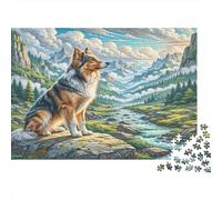 Belgian Griffon Rompecabezas de Papel Grueso Pastor Australiano sobre Roca Junto a Arroyo con montañas, Regalo de cumpleaños regalable 38x26cm/1000 Piezas