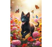 Belgian Sheepdog Puppy in a field of colorful flowers Notebook - Large 6 x 9 inches - 127 Pages