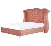 Beliani Cama con somier de Terciopelo Rosa 140 x 200 cm Listones cabecero capitoné Ayette