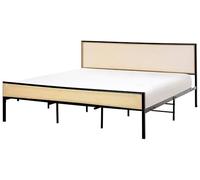 Beliani Cama Moderna de Hierro con somier de láminas ratán sintético Trenza vienesa cabecero Negro 180 x 200 cm Avanton
