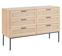 Beliani Cómoda con 6 cajones Frente de ratán Tablero de partículas Patas de Metal Estilo Boho Sala de Estar Madera Clara Pasco