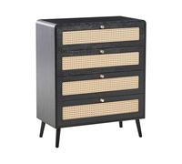 Beliani Cómoda MDF 4 cajones Patas de Madera Tiradores Dorados Estilo Boho ratán sintético Negro Moura