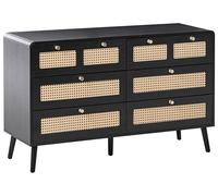 Beliani Cómoda MDF 6 cajones Patas de Madera Tiradores Dorados Estilo Boho ratán sintético Negro Moura