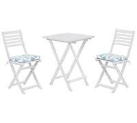 Beliani Conjunto bistró de jardín Blanco de Madera de Acacia 3 Piezas con Cojines Azul y Blanco Plegable diseño Moderno Fiji