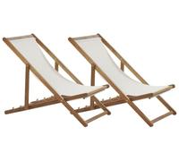 Beliani Conjunto de 2 tumbonas de jardín de Tela Blanco Crema Madera de Acacia reclinable Plegable marrón Claro Anzio