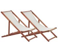 Beliani Conjunto de 2 tumbonas de jardín de Tela Blanco Crema Madera de Acacia reclinable Plegable marrón Oscuro Anzio