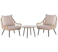 Beliani Conjunto de balcón Mesa de Centro ratán sintético Patas de Metal 2 sillas Cojines Beige Boho Laureto
