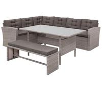 Beliani Conjunto de Comedor de jardín de ratán sintético Gris con Cojines sofá Banco Mesa Rectangular con Tablero de Vidrio 80x145 cm Viterbo