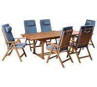 Beliani Conjunto de Comedor Exterior 6 plazas de Madera de Acacia sillas Plegables con Cojines Azules Java Premium