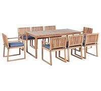 Beliani Conjunto de Comedor Exterior 8 plazas rústico de Madera de Acacia certificada Mesa y sillas con Cojines Azules marrón Sassari Premium