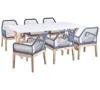 Beliani Conjunto de Comedor Exterior con sillas Mesa Tablero de hormigón Patas de Madera 6 sillas de Polipropileno Cojines Blanco Azul Marino Olbia