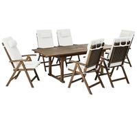 Beliani Conjunto de Comedor Exterior de Madera Acacia rústico 6 plazas Mesa Extensible sillas reclinables con Cojines Blanco Crema Amantea Premium