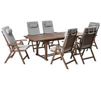 Beliani Conjunto de Comedor Exterior rústico 6 plazas Mesa Extensible sillas reclinables Madera Acacia Oscura con Cojines Gris Jaspeado Amantea Premium