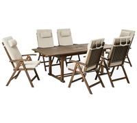 Beliani Conjunto de Comedor Exterior rústico 6 plazas Mesa Extensible sillas reclinables Madera Acacia Oscura con Cojines Gris Pardo Amantea Premium