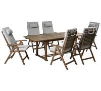 Beliani Conjunto de Comedor Exterior rústico 6 plazas Mesa Extensible sillas reclinables Madera Acacia Oscura con Cojines Gris Claro Amantea Premium