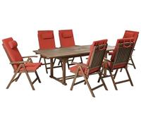 Beliani Conjunto de Comedor Exterior rústico 6 plazas Mesa Extensible sillas reclinables Madera Acacia Oscura con Cojines Rojos Amantea Premium