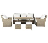 Beliani Conjunto de jardín 5 plazas de ratán sintético marrón sofás 2 sillones Mesa 2 otomanas Cojines Blancos Comedor Exterior Fonti