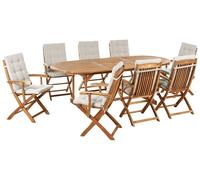 Beliani Conjunto de jardín 8 plazas de Madera de Acacia Clara con Mesa Ovalada y sillas Plegables con Cojines Gris Pardo Maui Premium