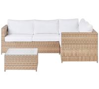 Beliani Conjunto de jardín de ratán sofá esquinero Mesa de Centro Tablero de Cristal Madera Clara Cojines Blanco Crema Avola