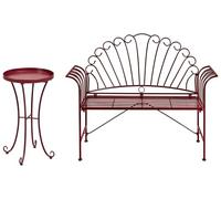 Beliani Conjunto para Exterior de Mesa Auxiliar y Banco con apoyabrazos Acampanados 2 plazas de Metal borgoña Estilo Vintage Cavinia