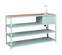 Beliani Isla de Cocina de Exterior con Fregadero de caño Monomando estantes Acero encimera Madera Clara 159 x 50 x 91 cm Verde Claro Avetrana