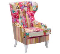 Beliani Sillón orejero tapizado en Tela Multicolor Patchwork Acolchado con Botones Patas de Madera Molde