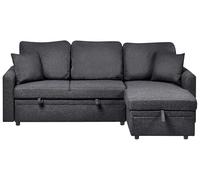 Beliani Sofá Cama esquinero Moderno Izquierdo tapizado de poliéster Lino sintético Cojines adicionales Espacio de almacenaje Negro Nassjo