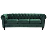 Beliani Sofá Chesterfield tapizado en Tela de Terciopelo Verde Patas de Madera Oscura 3 plazas Estilo clásico Chesterfield