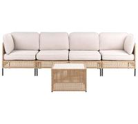 Beliani Sofá de Exterior con Mesa de Centro de ratán sintético 4 plazas Estructura de Metal con Cojines para el Respaldo y el Asiento Tablero de Vidrio Beige Claro OMEGANA
