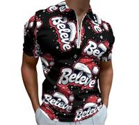 Believe in Christmas Hat - Polo de manga corta para hombre, cuello con cremallera de un cuarto, camiseta de golf ajustada, Estilo:, XXS